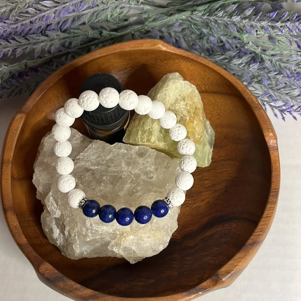 NEW Blue Lapis Essential Oil Diffuser Bracelet White Natural Lava stone